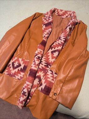 Women’s Rust Leather Blazer with Patterned Shawl Collar
